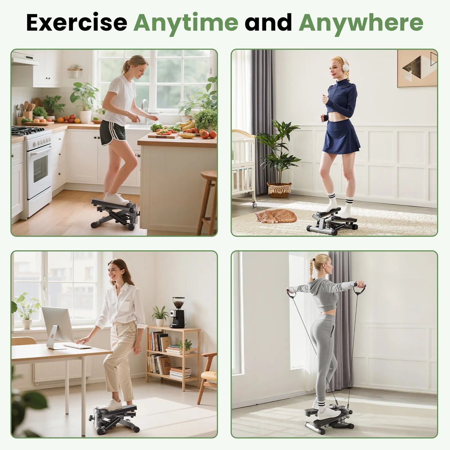 Mini Stepper with Resistance Bands, Adjustable Stride & Intensity Portable Stepper Machine, 265LBS Capacity Quiet Full Body Workout for Home, Includes LED Monitor