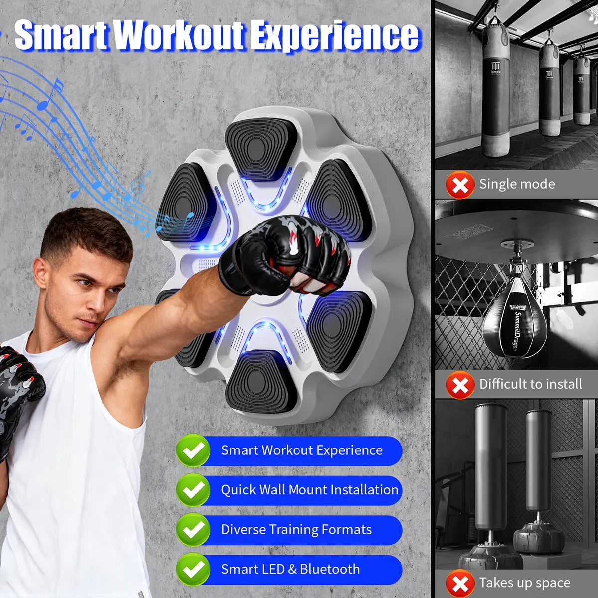 Music Boxing Machine Wall Mounted Smart Bluetooth Punching Trainer with 9 Modes 9 Speeds & Boxing Gloves for Electronic Workout