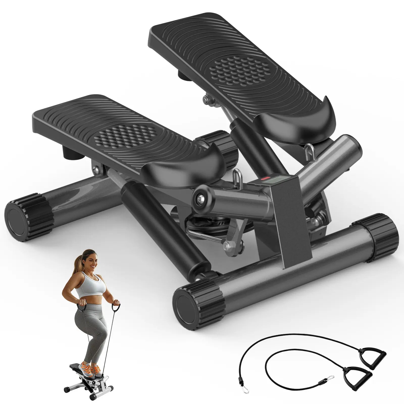 Mini Stepper with Resistance Bands, Adjustable Stride & Intensity Portable Stepper Machine, 265LBS Capacity Quiet Full Body Workout for Home, Includes LED Monitor