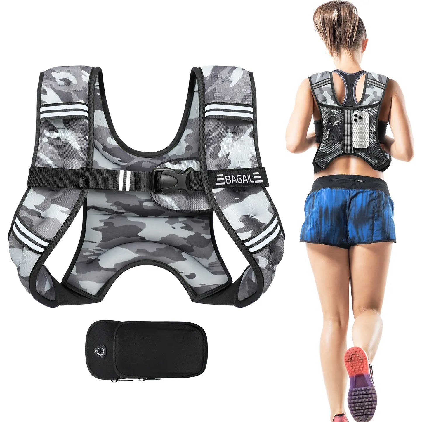 [Tiktokshopblackfriday]Bagail Weighted Vest, 5Lbs/8Lbs/10Lbs/12Lbs/15Lbs/20Lbs/25Lbs/30Lbs Weight Vest with Detachable Phone Pouch, Rucking Vest for Women, Men, Walking, Training, Running Glute Workout Equipment Sweat Fitness Belt