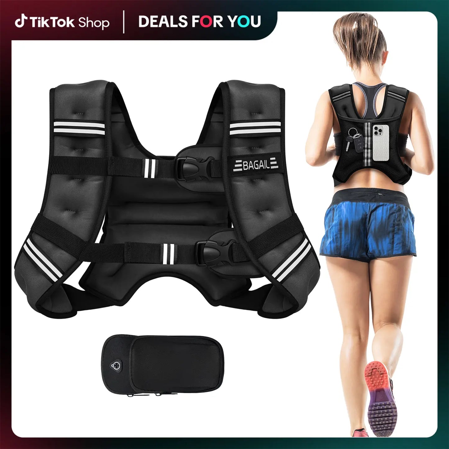 [Tiktokshopblackfriday]Bagail Weighted Vest, 5Lbs/8Lbs/10Lbs/12Lbs/15Lbs/20Lbs/25Lbs/30Lbs Weight Vest with Detachable Phone Pouch, Rucking Vest for Women, Men, Walking, Training, Running Glute Workout Equipment Sweat Fitness Belt