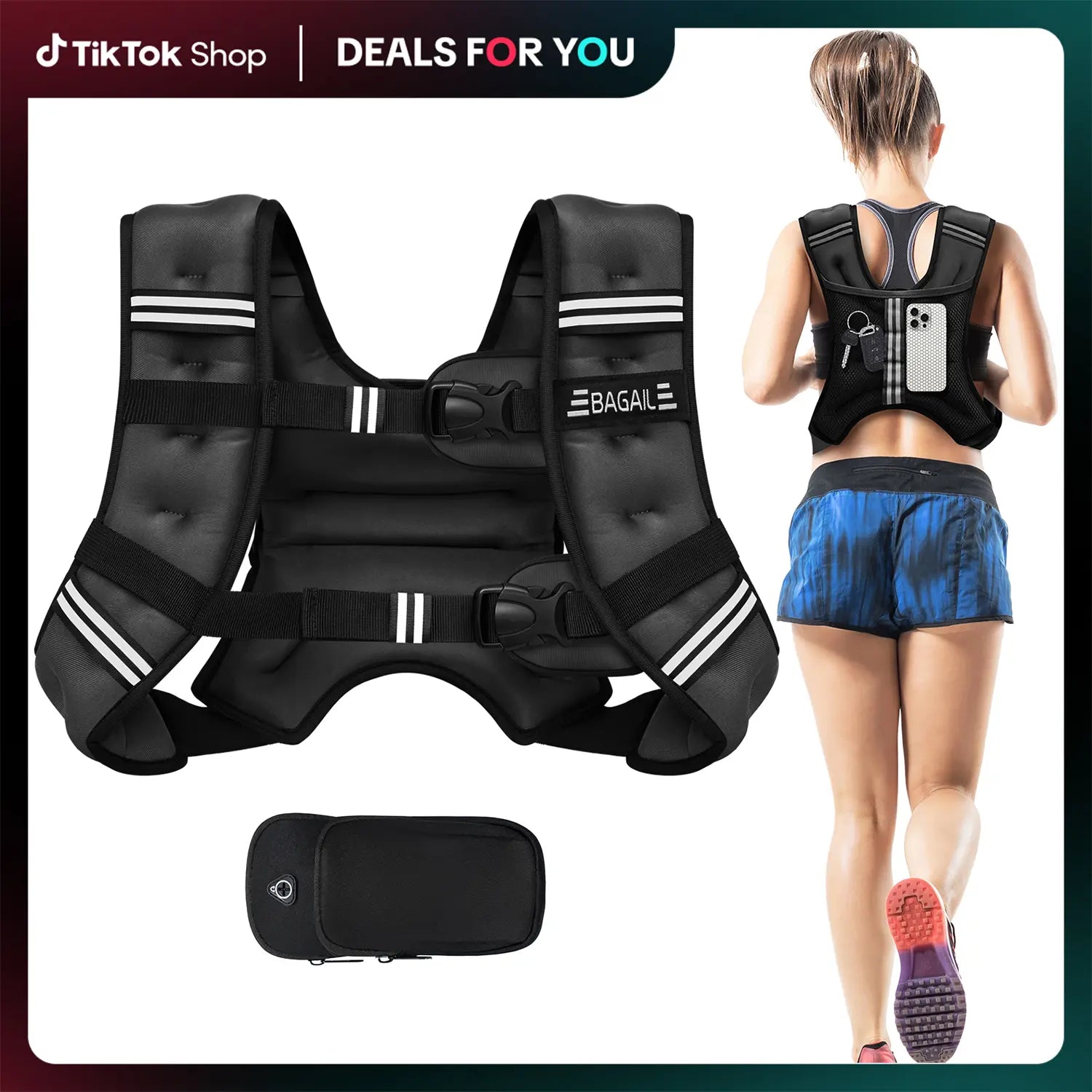 [Tiktokshopblackfriday]Bagail Weighted Vest, 5Lbs/8Lbs/10Lbs/12Lbs/15Lbs/20Lbs/25Lbs/30Lbs Weight Vest with Detachable Phone Pouch, Rucking Vest for Women, Men, Walking, Training, Running Glute Workout Equipment Sweat Fitness Belt