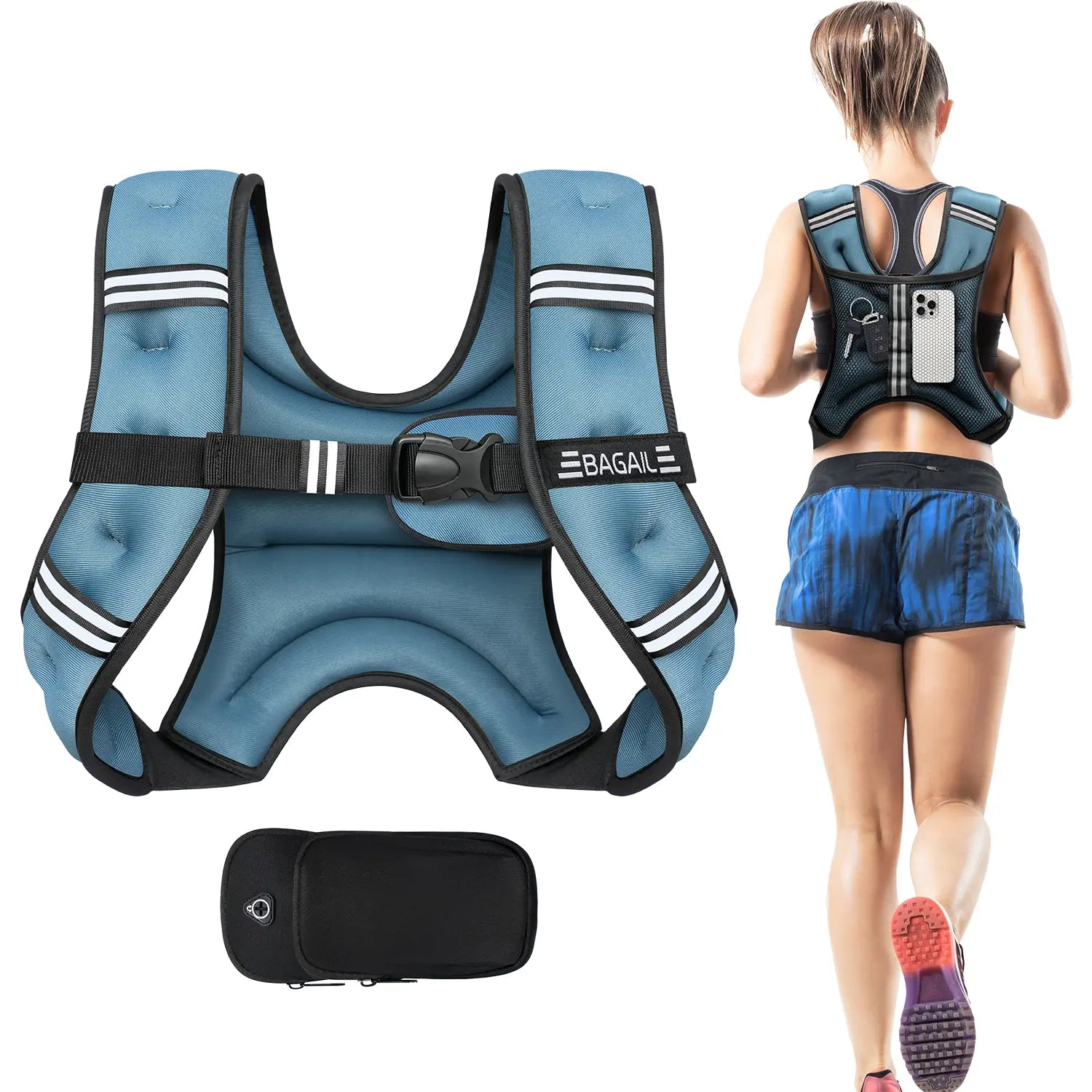 [Tiktokshopblackfriday]Bagail Weighted Vest, 5Lbs/8Lbs/10Lbs/12Lbs/15Lbs/20Lbs/25Lbs/30Lbs Weight Vest with Detachable Phone Pouch, Rucking Vest for Women, Men, Walking, Training, Running Glute Workout Equipment Sweat Fitness Belt