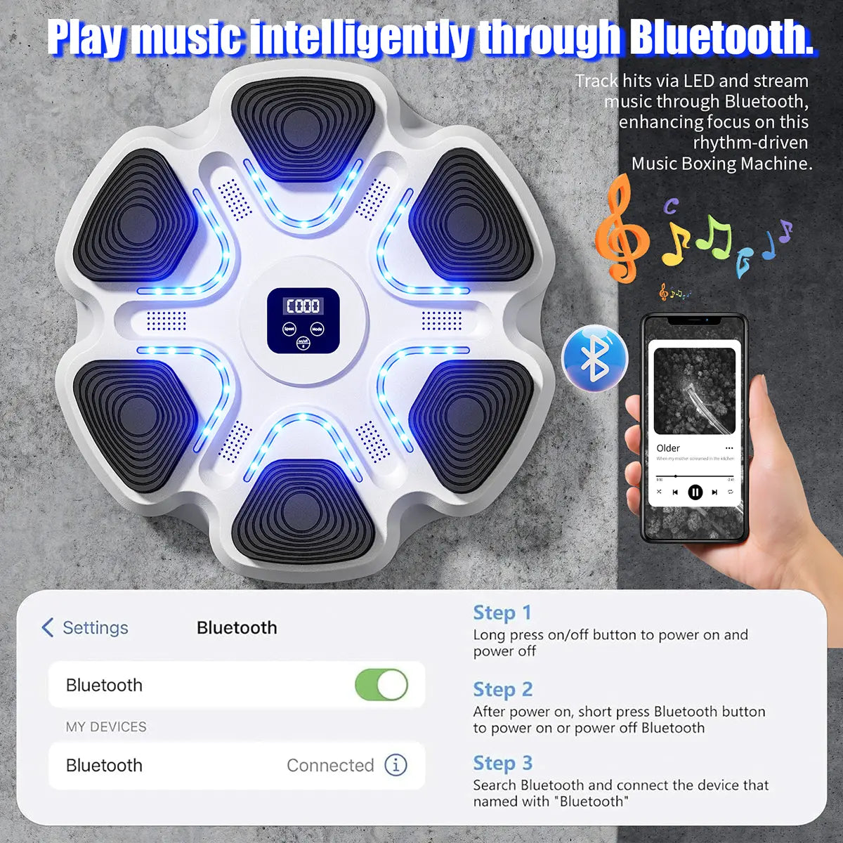 Music Boxing Machine Wall Mounted Smart Bluetooth Punching Trainer with 9 Modes 9 Speeds & Boxing Gloves for Electronic Workout