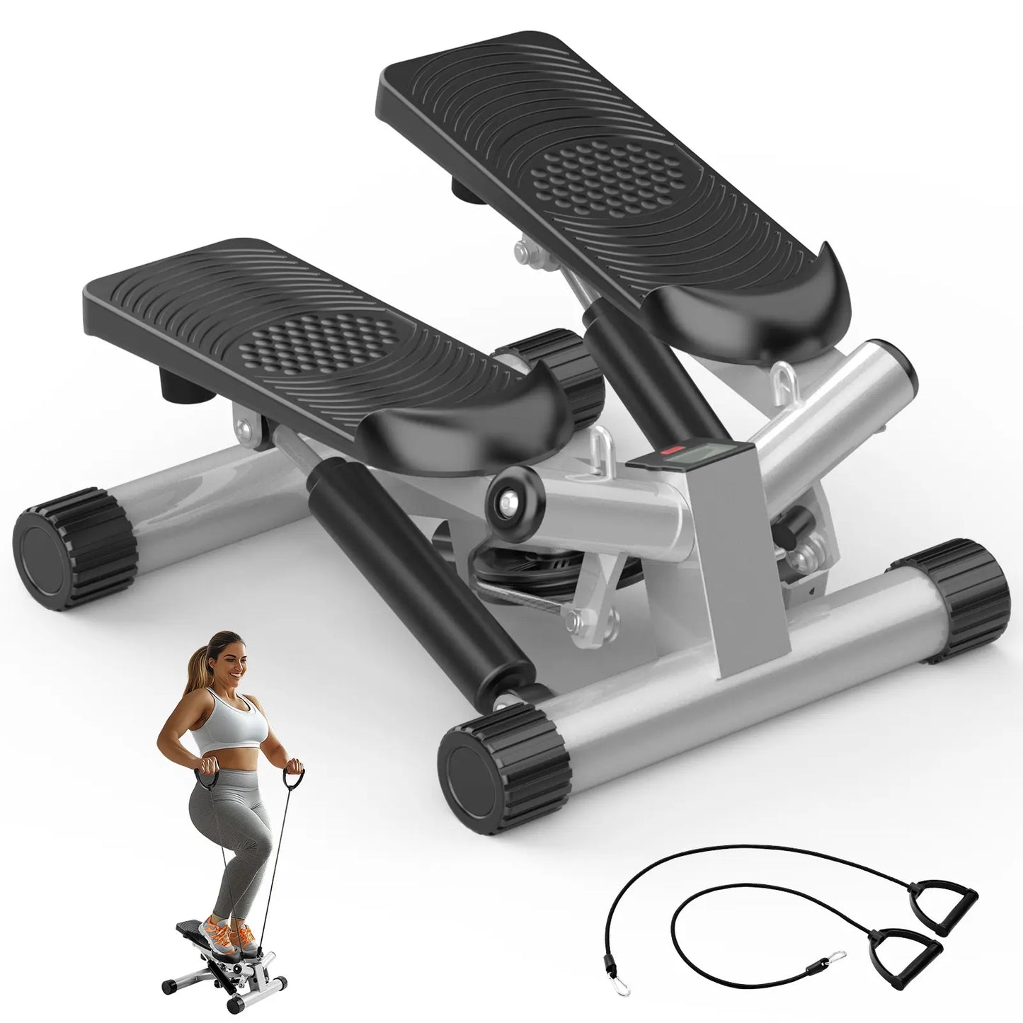 Mini Stepper with Resistance Bands, Adjustable Stride & Intensity Portable Stepper Machine, 265LBS Capacity Quiet Full Body Workout for Home, Includes LED Monitor