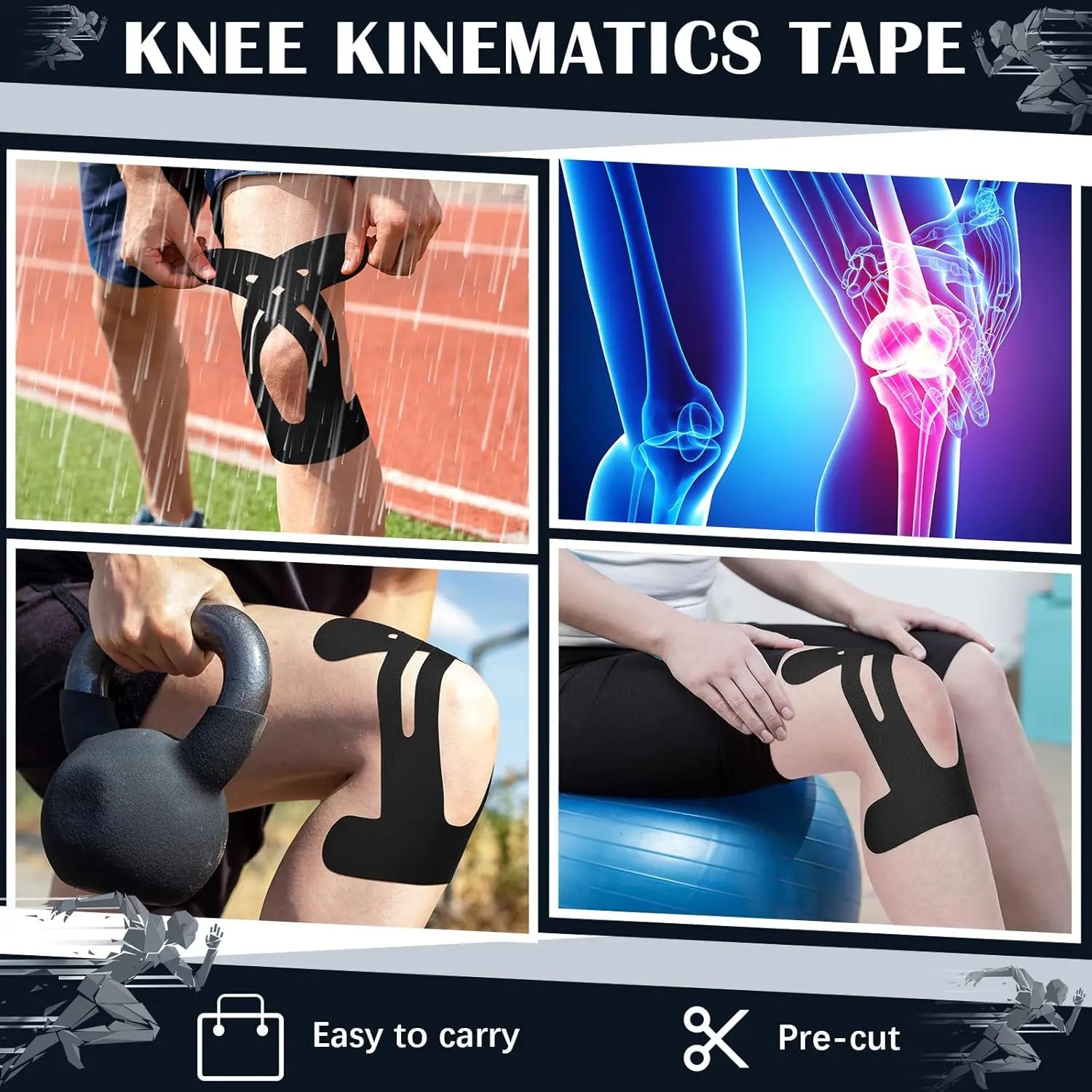 10 Pcs Precut Kinesiology Tape for Knees, Waterproof & Breathable Knee Support Tape Elastic Cotton Athletic Muscle Tapes for Knees Muscle Support & Comfort Stability
