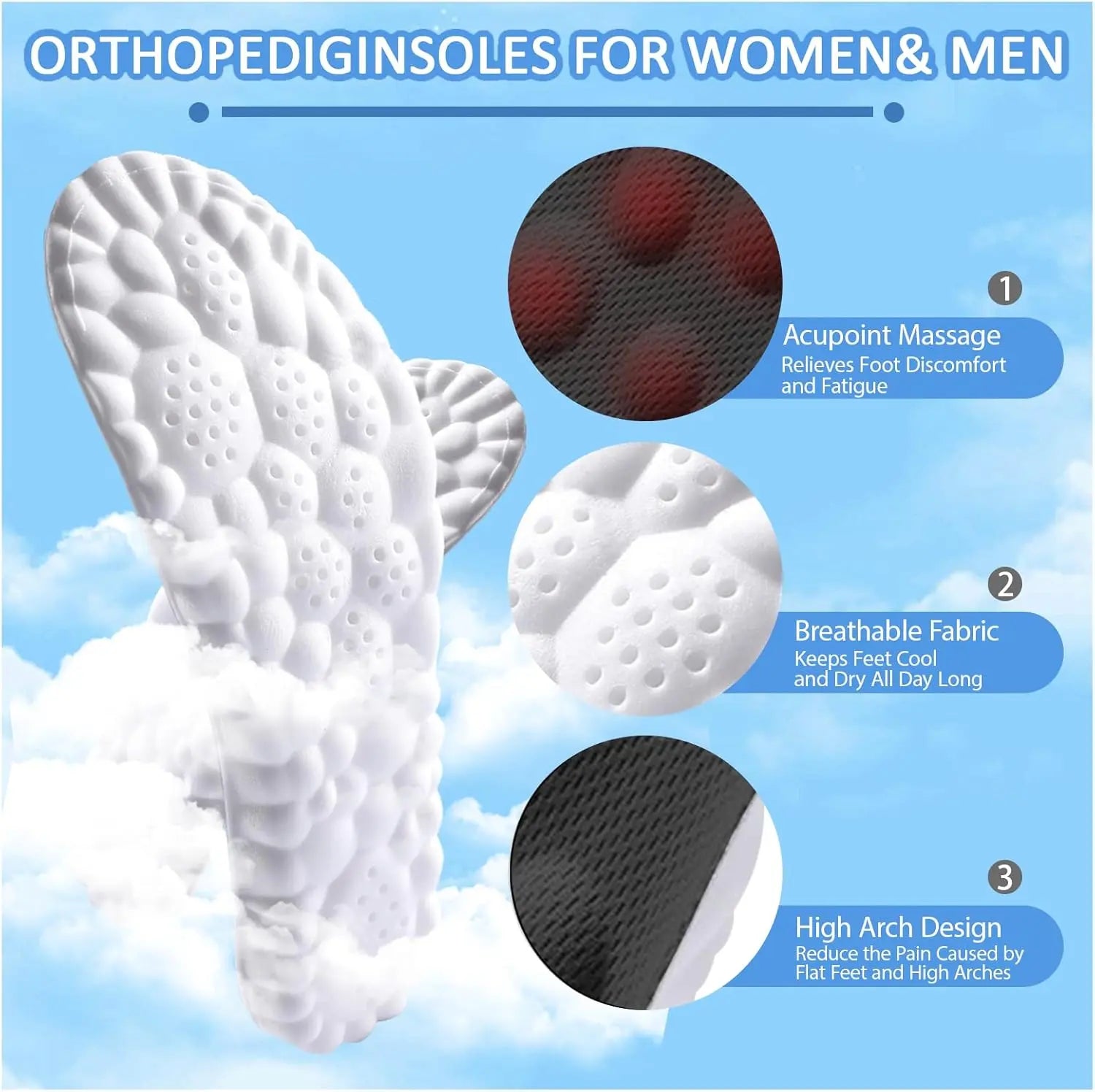 Soft Elastic Ultra-Breathable Bounce Shoe Insoles Men Women Tailored Lightweight Sweat Absorbent Comfortable 4D Cloud Insole anti Fatigue, Shock Absorption, Foot Pain Relief Footwear Insole