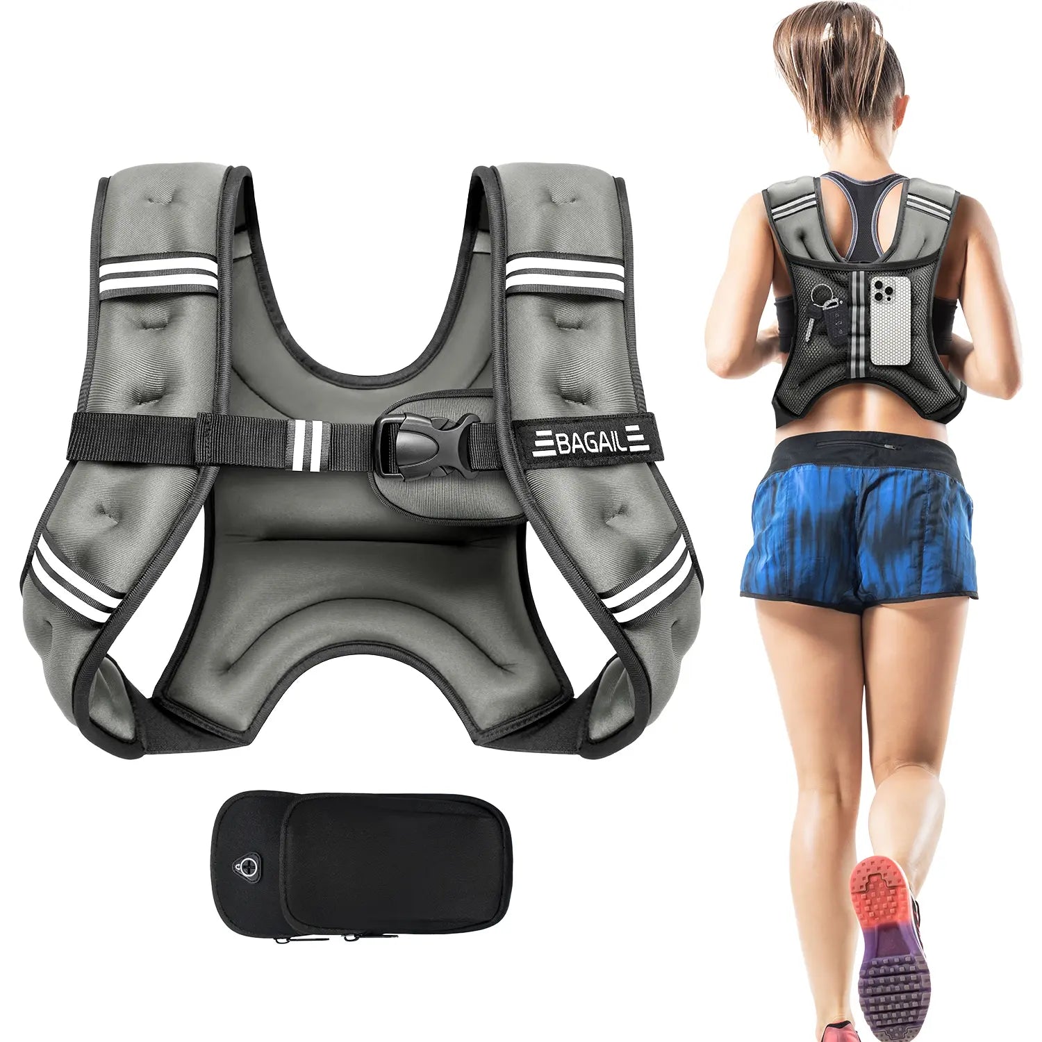 [Tiktokshopblackfriday]Bagail Weighted Vest, 5Lbs/8Lbs/10Lbs/12Lbs/15Lbs/20Lbs/25Lbs/30Lbs Weight Vest with Detachable Phone Pouch, Rucking Vest for Women, Men, Walking, Training, Running Glute Workout Equipment Sweat Fitness Belt