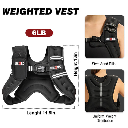LEKÄRO Weighted Vest 6Lbs-30Lbs for Women & Men with Reflective Stripe Adjustable Buckle & Detachable Pockets for Workout Strength Training Running Walking Muscle Exercise Equipment