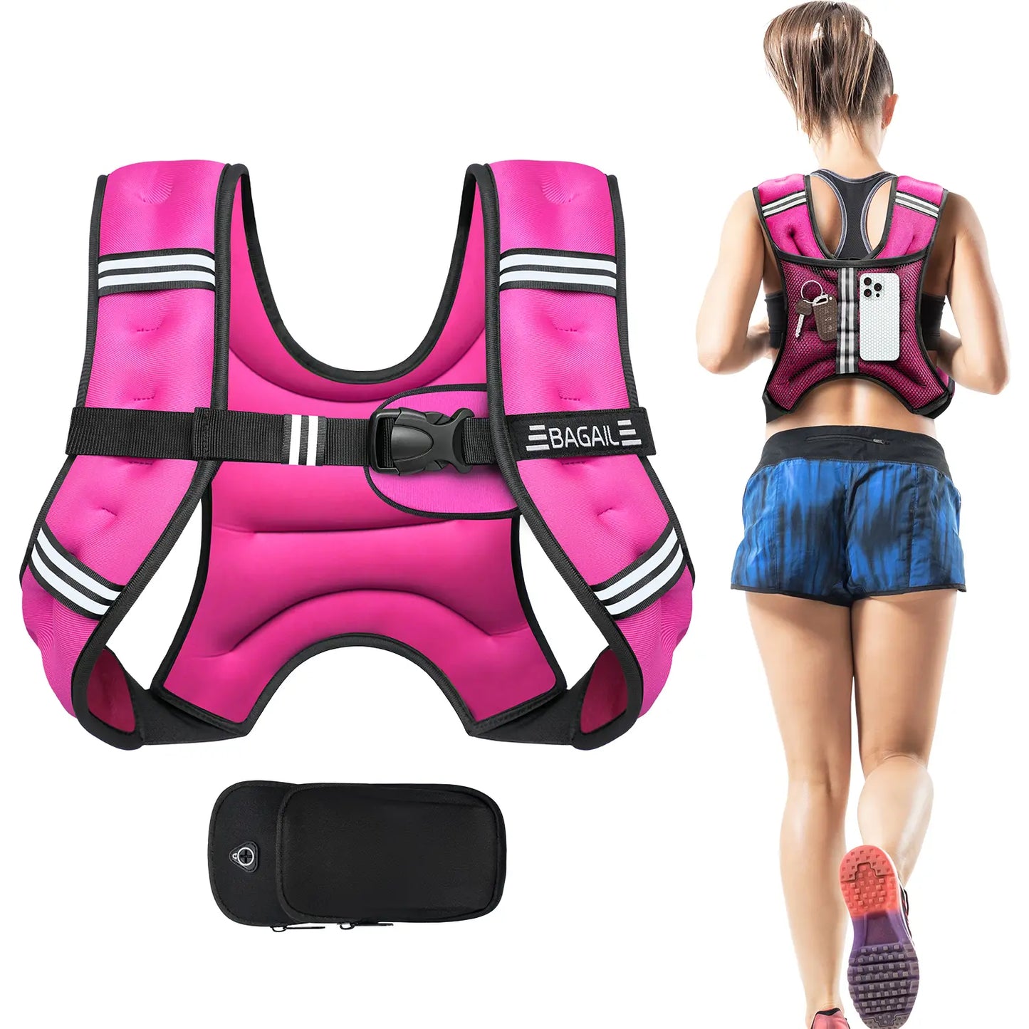 [Tiktokshopblackfriday]Bagail Weighted Vest, 5Lbs/8Lbs/10Lbs/12Lbs/15Lbs/20Lbs/25Lbs/30Lbs Weight Vest with Detachable Phone Pouch, Rucking Vest for Women, Men, Walking, Training, Running Glute Workout Equipment Sweat Fitness Belt