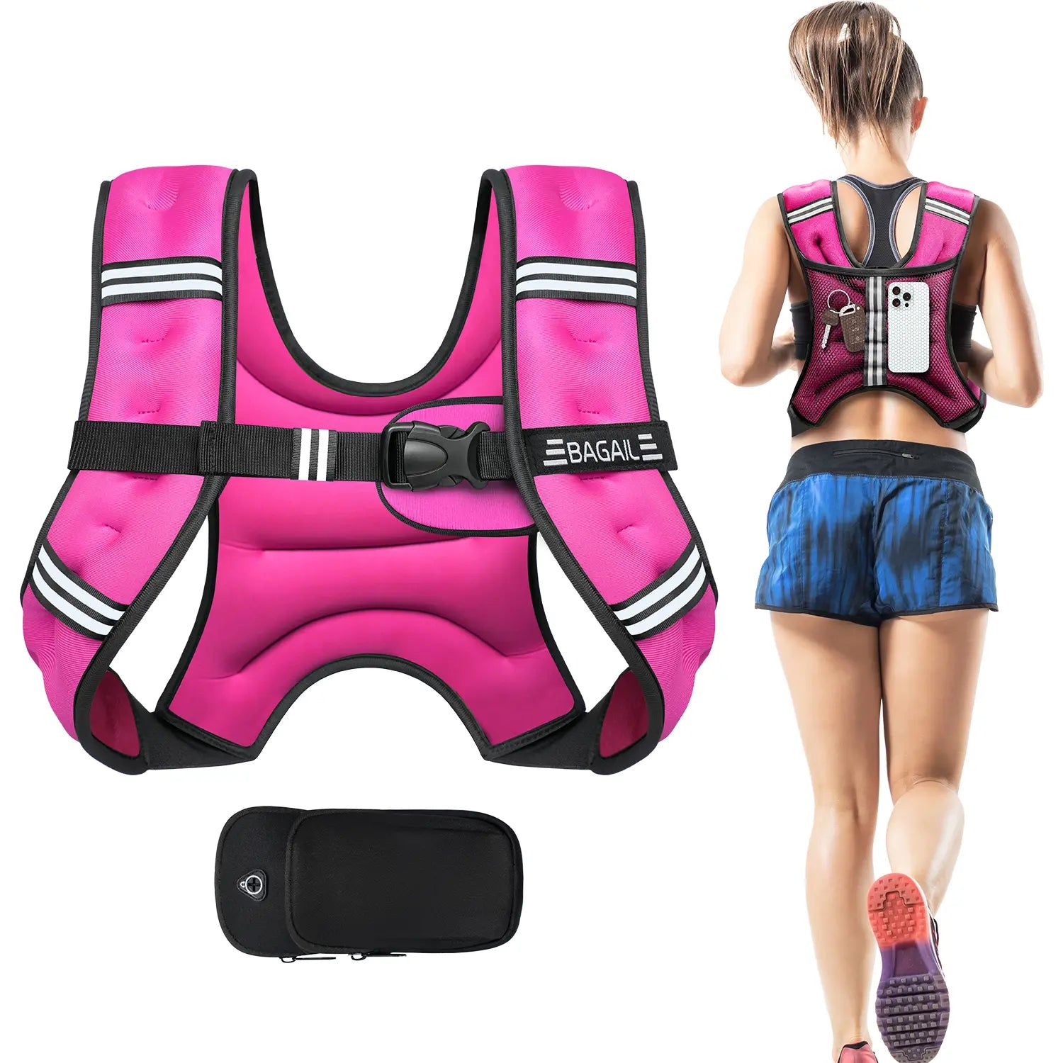 [Tiktokshopblackfriday]Bagail Weighted Vest, 5Lbs/8Lbs/10Lbs/12Lbs/15Lbs/20Lbs/25Lbs/30Lbs Weight Vest with Detachable Phone Pouch, Rucking Vest for Women, Men, Walking, Training, Running Glute Workout Equipment Sweat Fitness Belt