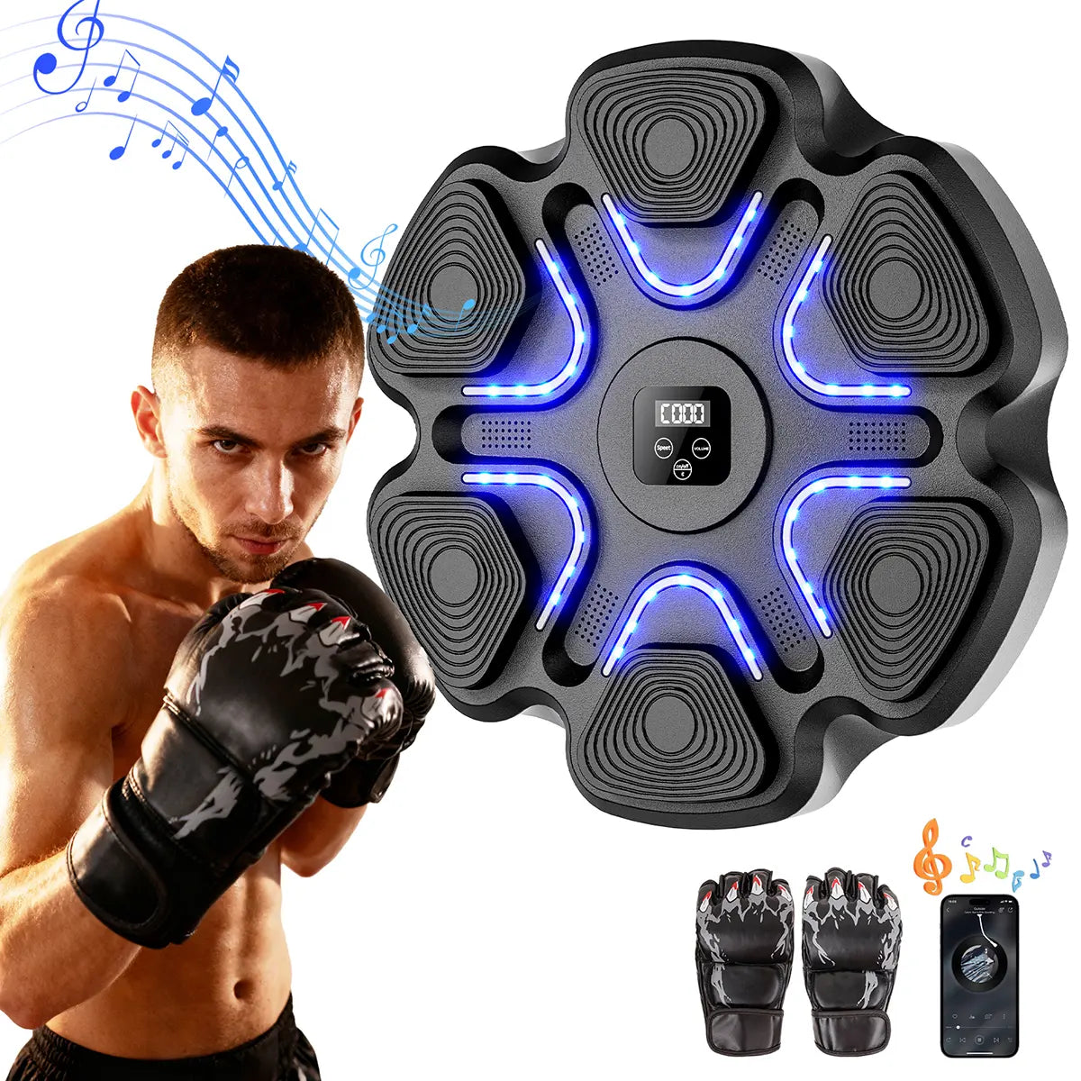Music Boxing Machine Wall Mounted Smart Bluetooth Punching Trainer with 9 Modes 9 Speeds & Boxing Gloves for Electronic Workout